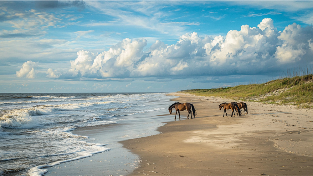 The Outerbanks of North Carolina with wild horses on the beach