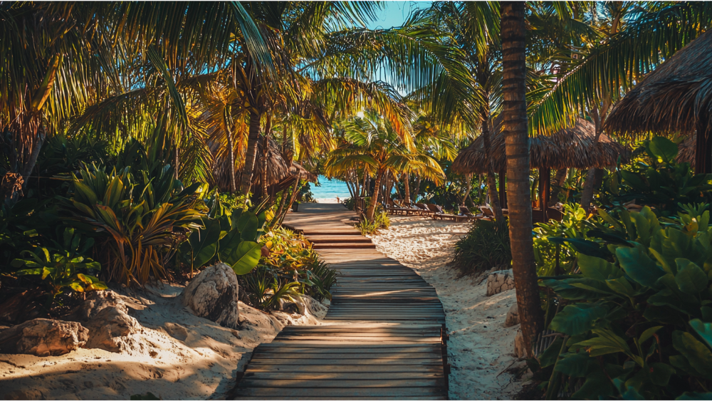 a wooden walkway in cancun mexico for people on vacation