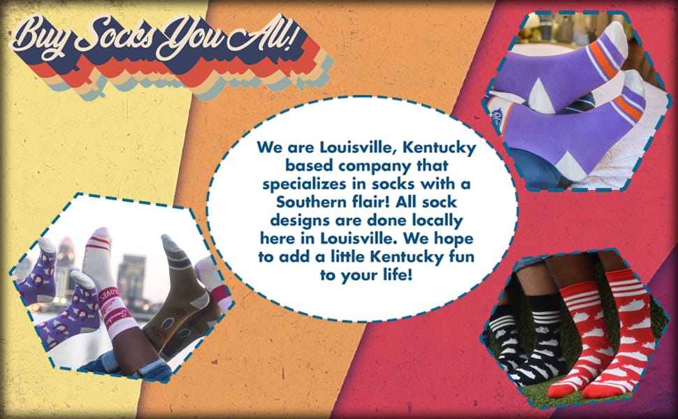 image featuring the buy socks you all logo with three photos of socks and a description of company