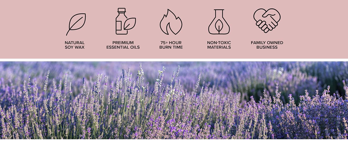 Natural soy wax, premium essential oils, 75+ hour burn time, non-toxic, family owned