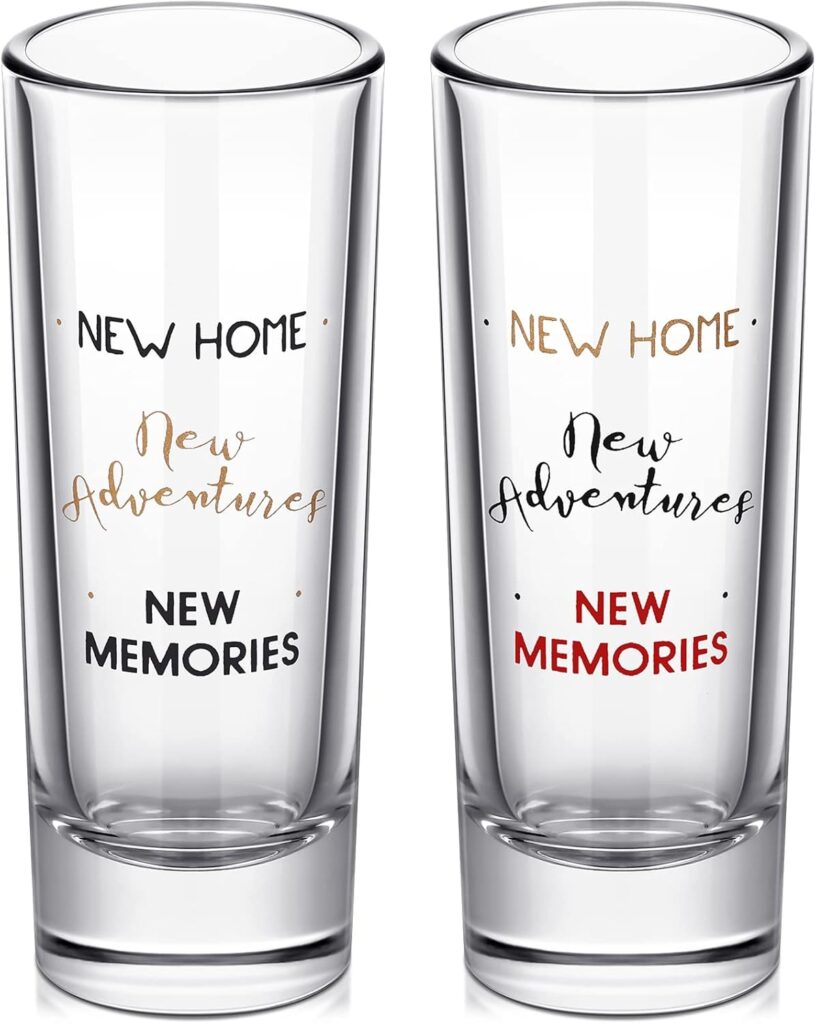 Cunhill 2 Pieces Housewarming Present Shot Glasses New Home New Adventures New Memories Home Wine Glass 2 oz Shot Glass House Warming Present Wine Tumbler Tea Cup for Him, Her, Couple