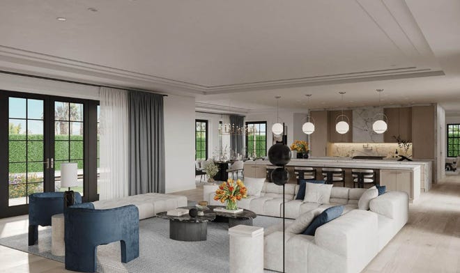 A rendering depicts the family room and kitchen of an under-construction Palm Beach house at 1090 S. Ocean Blvd., which just went under contract with an asking price of $45 million.