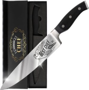 Premium Chef Knife Gift – Engraved BEST CHEF – 8″ Stainless Carbon Steel Kitchen Knive w/Pakka Wood Handle – Birthday, Father’s Day, Christmas, Anniversary, or Housewarming Gifts