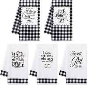 R HORSE 5Pcs Religious Christian Kitchen Dish Towel Black and White Check Cleaning Dishcloth Bible Verse Scripture Absorbent Bar Hand Towel Easter Gift for Women Men Housewarming Decor