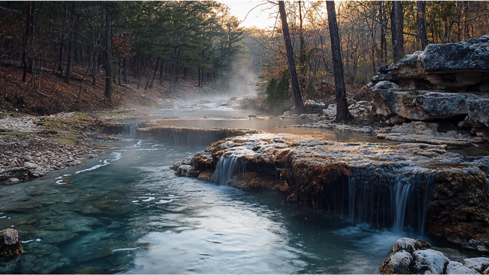 Clear natural spring flowing over small waterfalls in a forest setting.