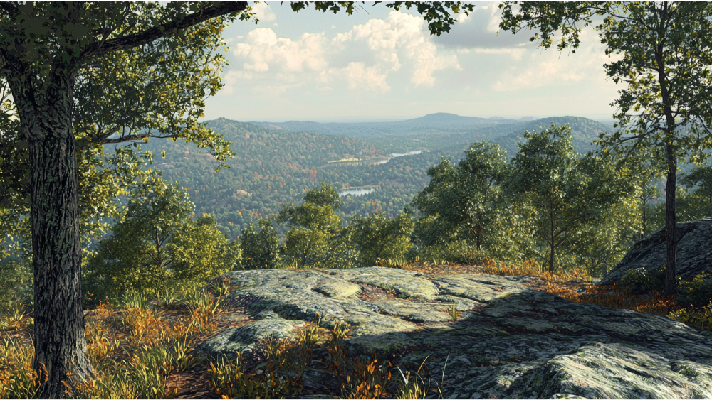 Scenic overlook with trees and distant hills under a partly cloudy sky.