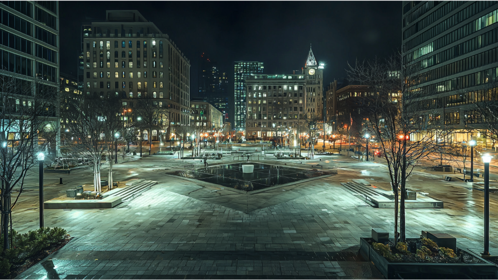 Urban plaza at night with modern buildings, street lights, and reflections on wet pavement.