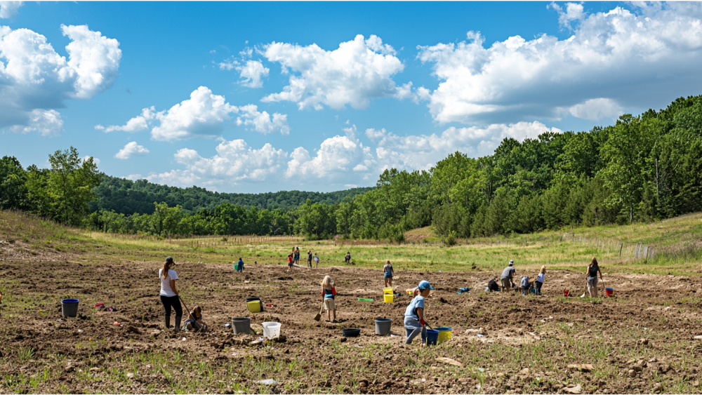 People digging and exploring a large open field on a sunny day.