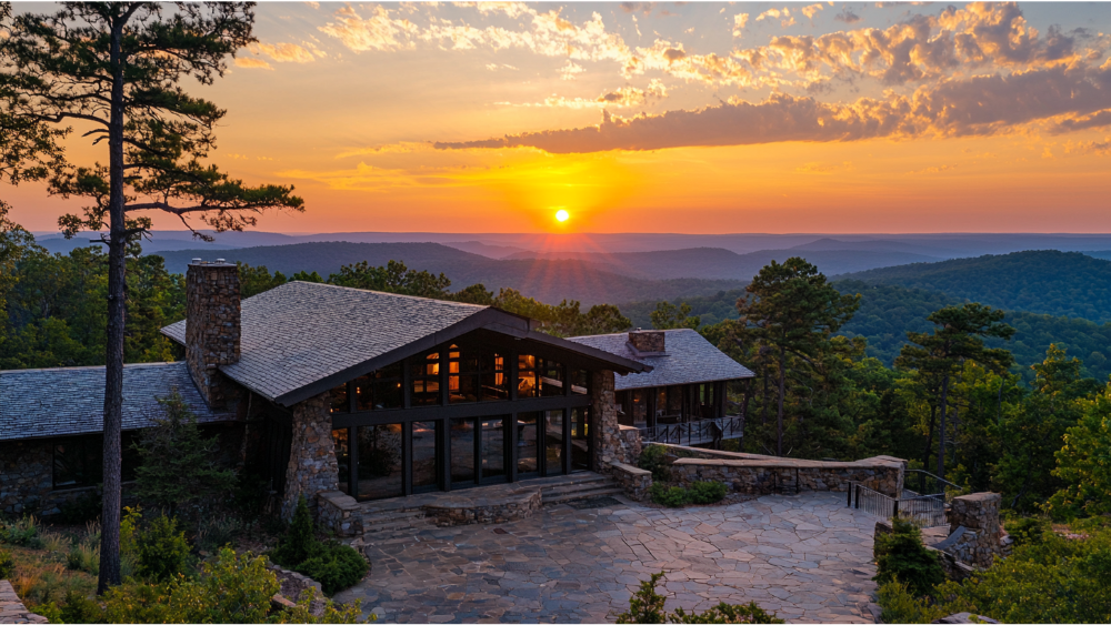 Lodge-style building with large windows overlooking a forested mountain range at sunset.