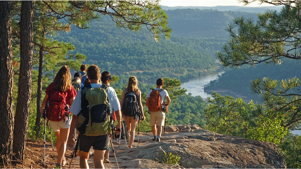 Group of hikers walking along a forest trail overlooking a scenic river valley.