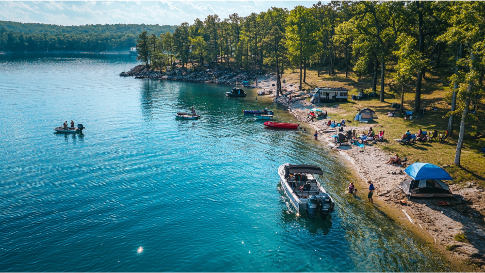 Boats anchored near a lakeside campground with people enjoying the water and shoreline.