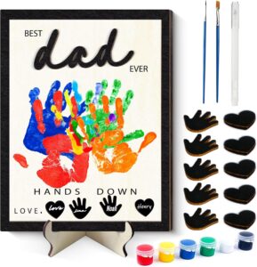 GTYRERO Father’s Day Gifts Ideas for Dad from Daughter Son Wife, 12” DIY Handprint Art Craft Kit with Paints Wood Family Keepsake for Grandpa Stepdad Best Dad Ever Hands Down Frame Brithday Gifts