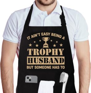 Funny Aprons for Men, Trophy Husband Apron, Fathers Day Apron Gifts From Wife, Novelty Kitchen Cooking Aprons with 2 Pockets, Mens BBQ Grilling Apron Gifts, Housewarming Birthday Gifts for Husband