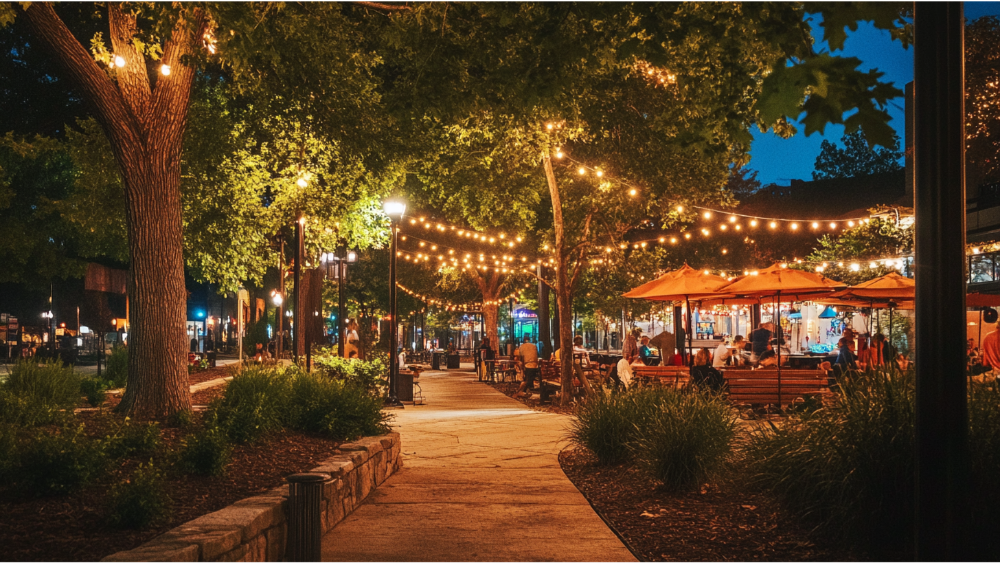 Outdoor dining area at night with string lights, trees, and people sitting under umbrellas.