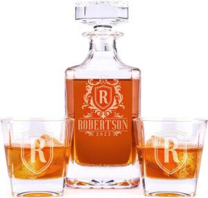 Personalized Whiskey Decanter Set – 5 Design Options – Custom Liquor 25 oz, 750ml Liquor Decanter w/Whiskey Glass Set Options, Birthday & Retirement Gifts for Men