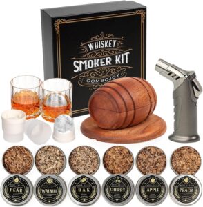 Whiskey Smoker Kit with Torch – 6 Flavors Wood Chips, 2 Glasses, 2 Ice Ball Molds – Cocktail Smoker Infuser Kit, Old Fashioned Drink Smoker Kit, Birthday Bourbon Whiskey Gifts for Men,Dad(NO Butane)