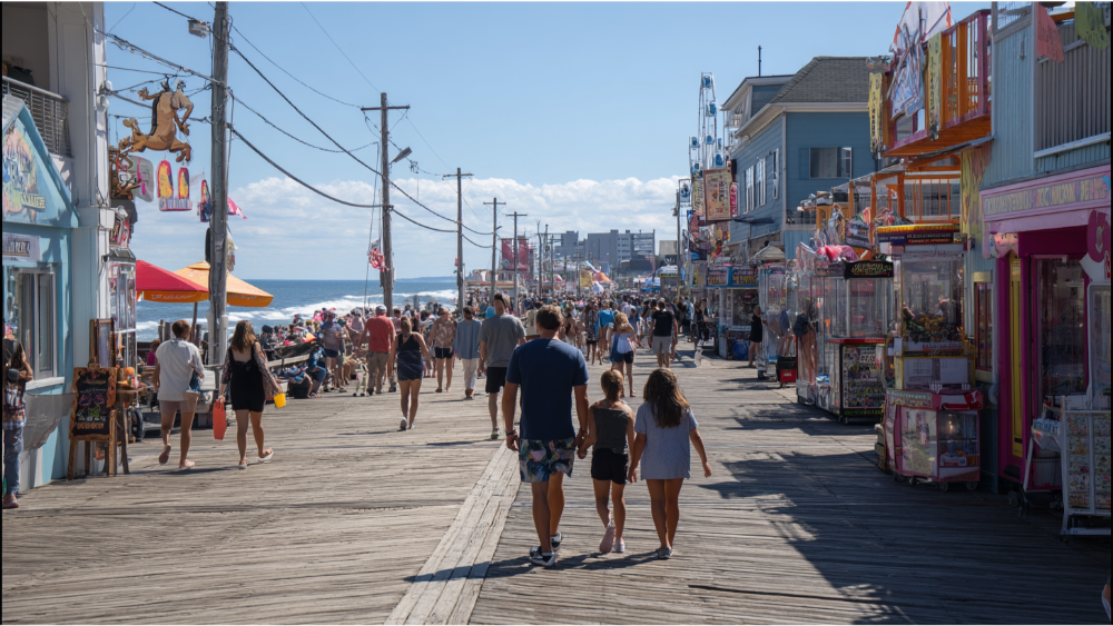 Busy boardwalk on a sunny day with families walking past carnival games, food stands, and seaside shops.