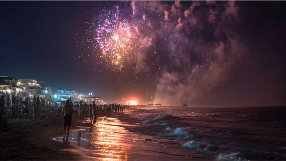 Crowds gathered on the beach at night watching a vibrant fireworks display over the ocean.