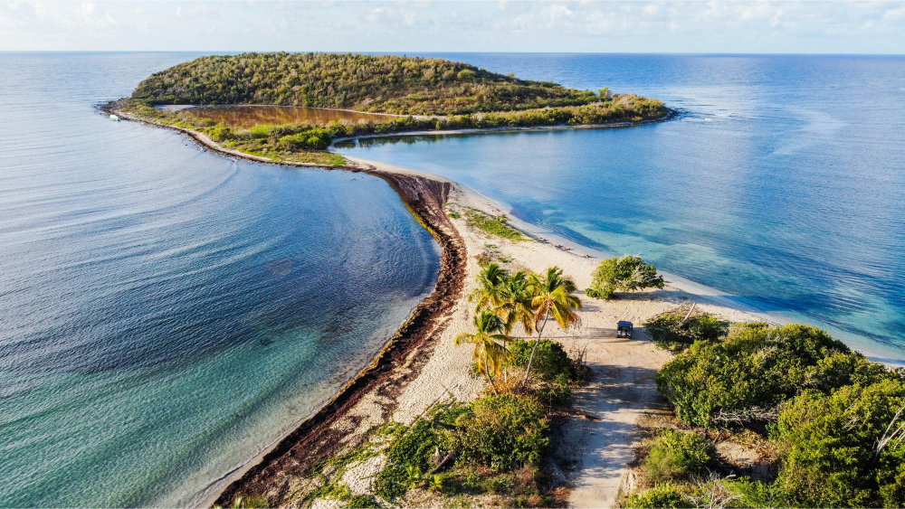 Aerial view of a narrow sandy peninsula leading to a small island surrounded by calm, clear blue ocean waters, with palm trees and a dirt path in the foreground.