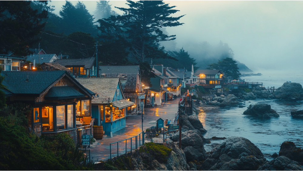 Cozy seaside village with wooden cabins and warm lights glowing under a misty sky along a rocky shoreline.