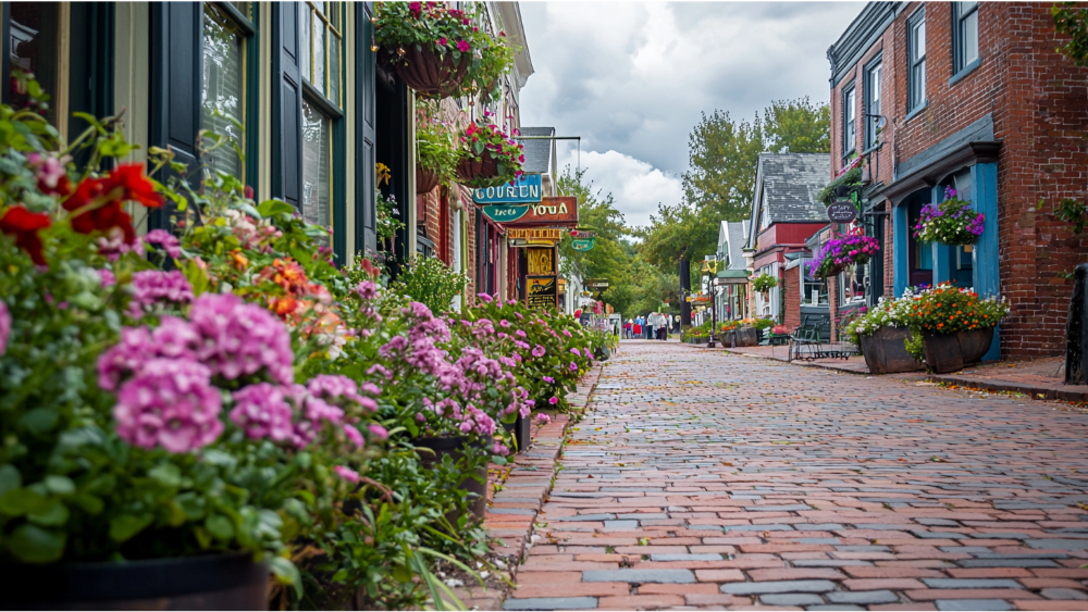 Colorful flowers line a cobblestone street with quaint shops and historic brick buildings on both sides.