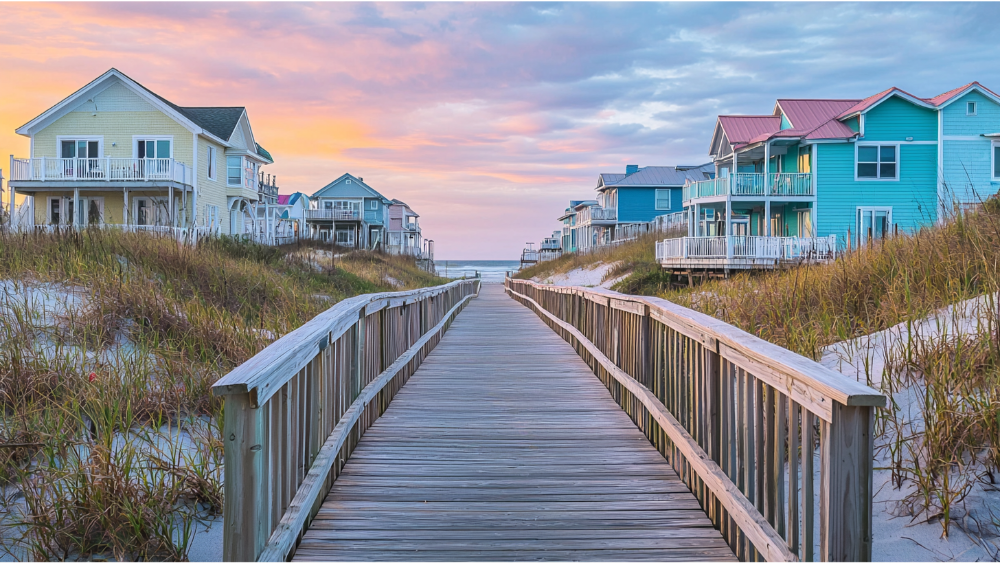 Colorful beach cottages on either side of a wooden boardwalk leading through sand dunes to the ocean, under a pastel sky.