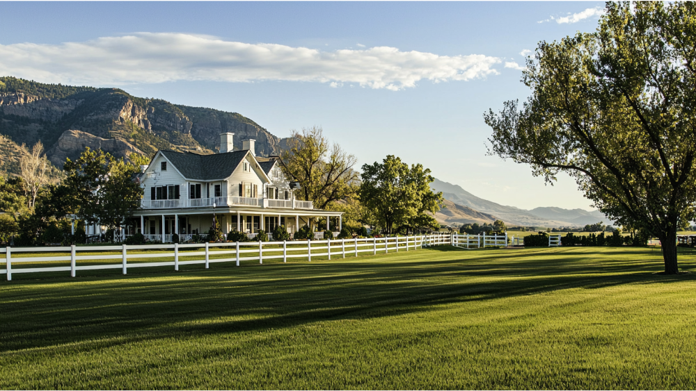 Large white farmhouse with wraparound porch, surrounded by lush green lawn and white fence, set against a backdrop of mountains.