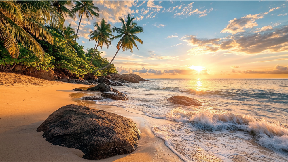 Peaceful tropical beach with golden sand, palm trees, ocean waves, and scattered rocks illuminated by soft morning light.
