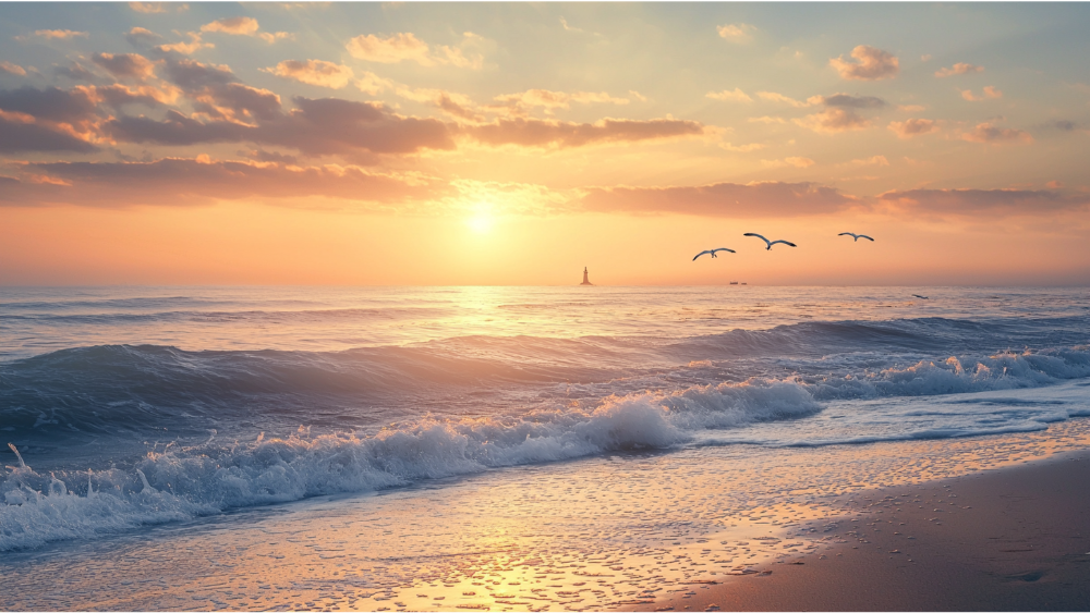 Soft sunrise casting warm light over gentle waves, with seabirds flying above the calm Atlantic shoreline.