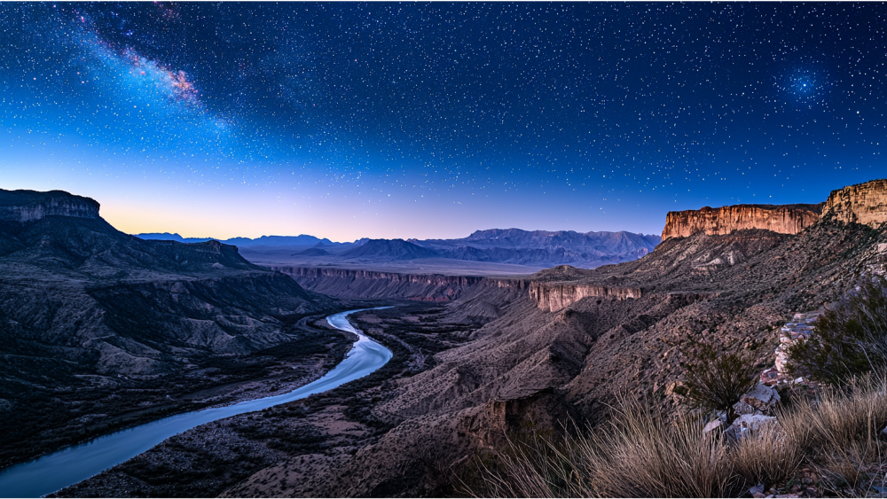 Scenic canyon landscape with a winding river under a clear night sky filled with stars and the Milky Way.