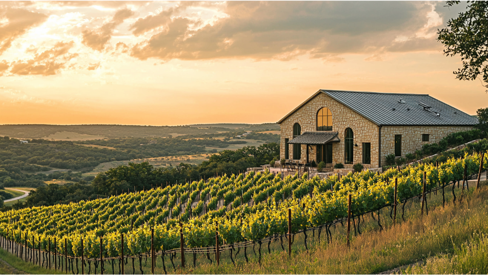 Vineyard with rows of grapevines on rolling hills at sunset with a stone winery building in the background.