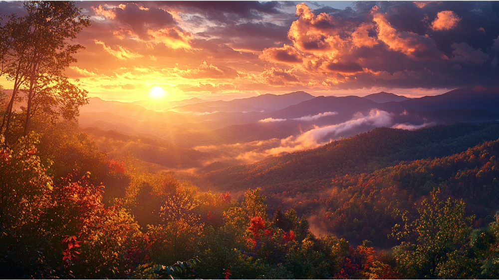 Vibrant sunrise over misty mountain ranges with colorful autumn trees in the foreground and dramatic clouds in the sky.