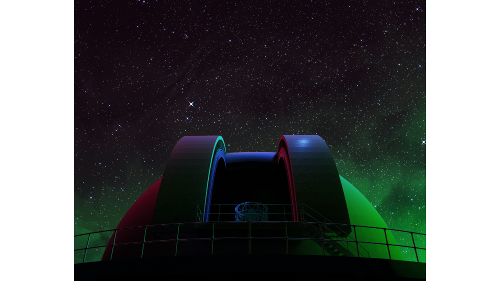 Astronomical observatory dome at night with a wide open sky full of stars and faint green and purple auroras in the background.