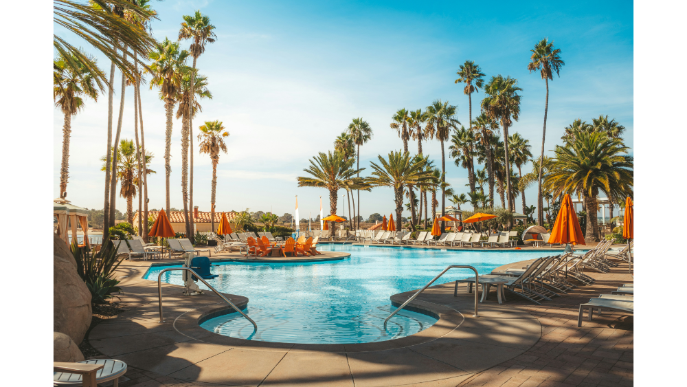Sunny resort pool area lined with palm trees, lounge chairs, and orange umbrellas under a clear blue sky.