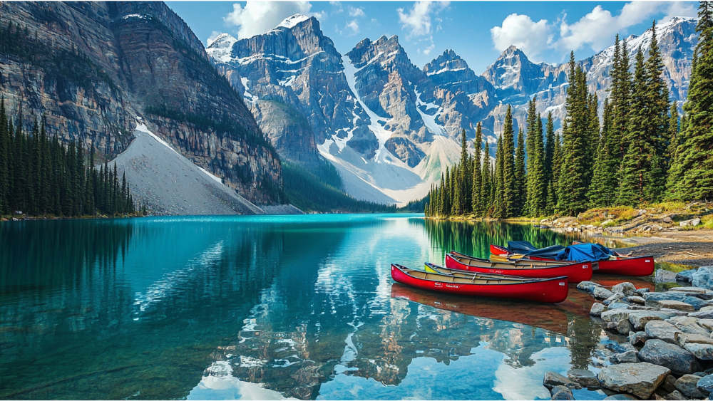 Crystal-clear alpine lake surrounded by snow-capped mountains and evergreen trees with red canoes along the shoreline.