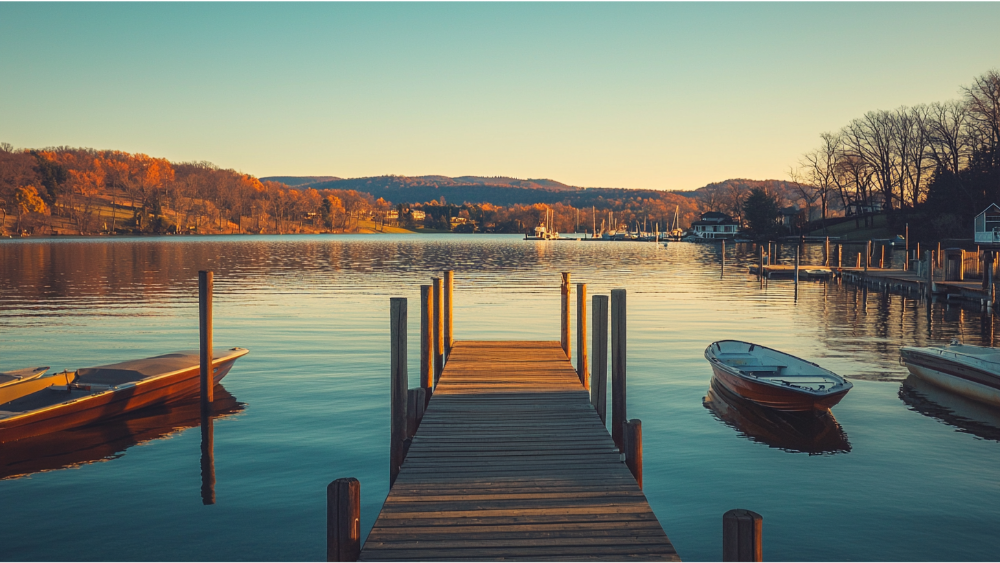 Wooden dock extending into a calm lake with small boats and autumn-colored trees in the background.