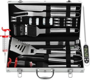 Grilljoy 24PCS BBQ Grill Tools Set with Meat Thermometer and Injector – Extra Thick Stainless Steel Fork, Spatula& Tongs – Complete BBQ Accessories in Aluminum Case – Perfect Grill Gifts for Men