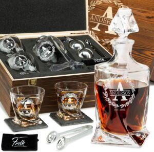 Personalized Whiskey Decanter and Stones Set – Customized Gift for Him – Men, Dad, Father – Engraved Twisted Decanter,2 Twisted Glasses, 2 XL Chilling Balls, Coasters, Tongs in Wooden Gift Box