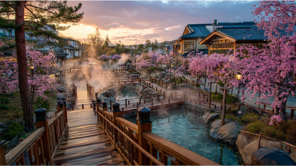 Tranquil hot spring resort featuring wooden walkways, steaming baths, and blooming cherry blossom trees at sunset.