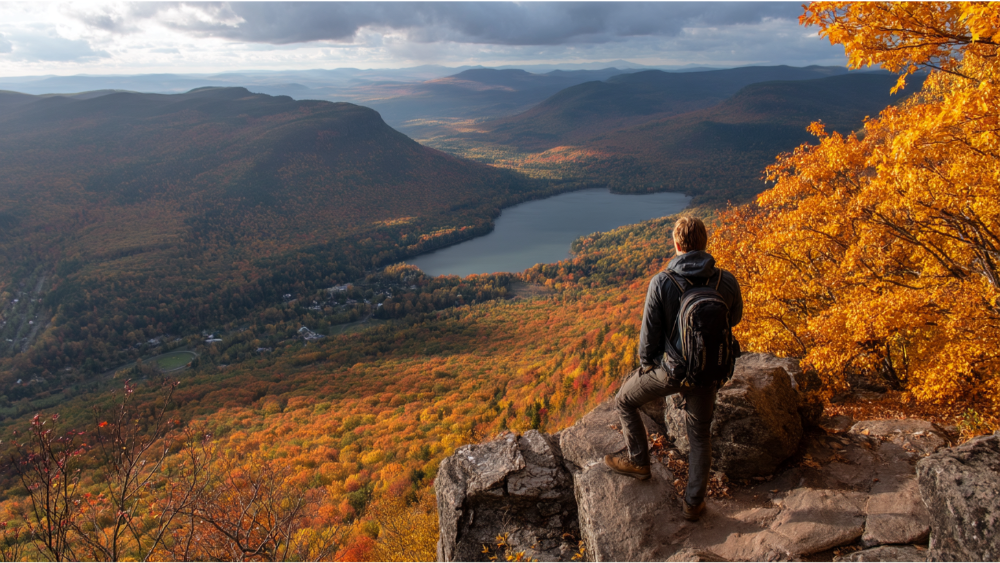 Back view of a hiker with a backpack standing on a cliff, overlooking a colorful forest valley and mountain lake during fall.