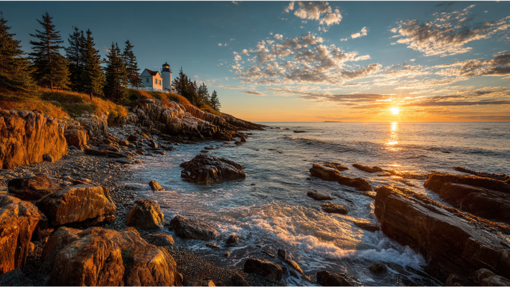 Peaceful coastal sunrise illuminating rocky shores and a white lighthouse surrounded by trees.