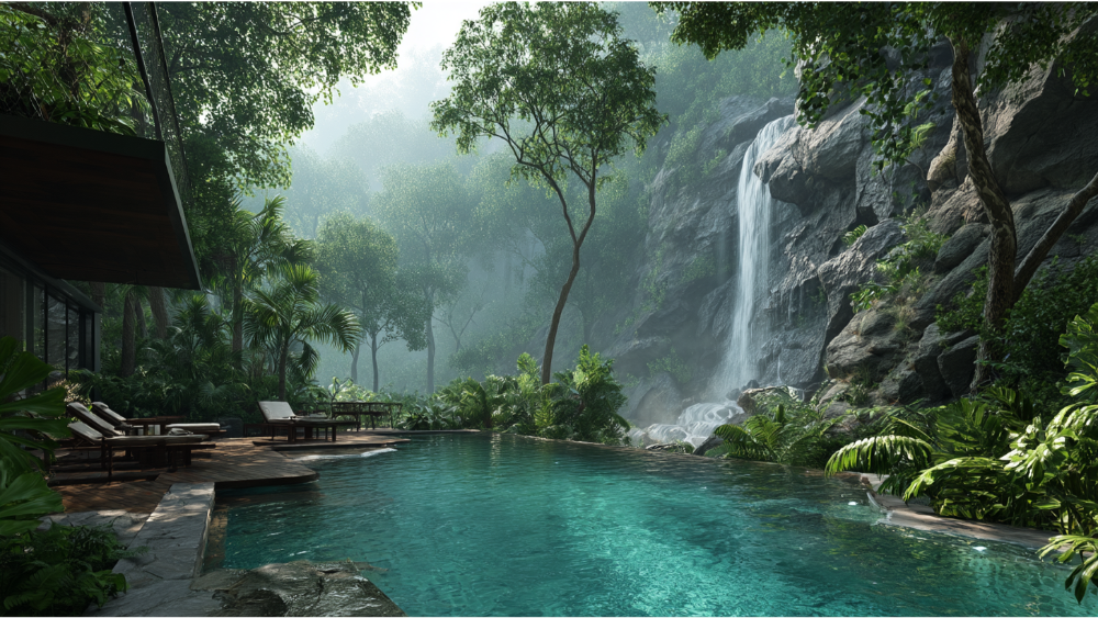 Secluded tropical infinity pool surrounded by dense jungle foliage and a cascading waterfall in the background.