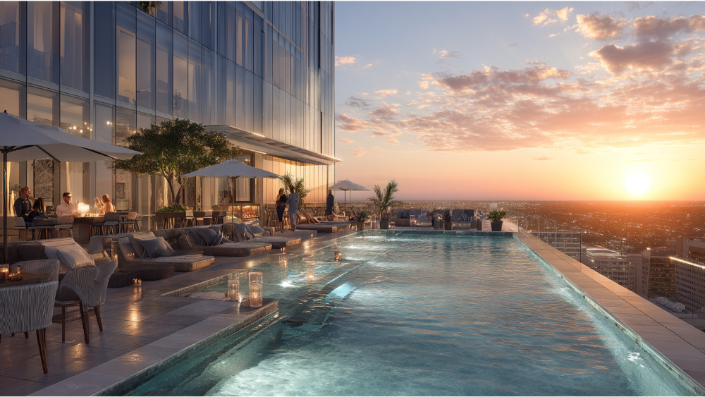 Elegant rooftop pool at a modern high-rise hotel with city views, lounge seating, and guests enjoying the sunset.