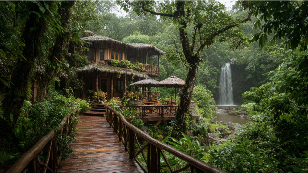 Rustic eco-lodge nestled in a lush rainforest with wooden walkways, thatched roofs, and a nearby waterfall.
