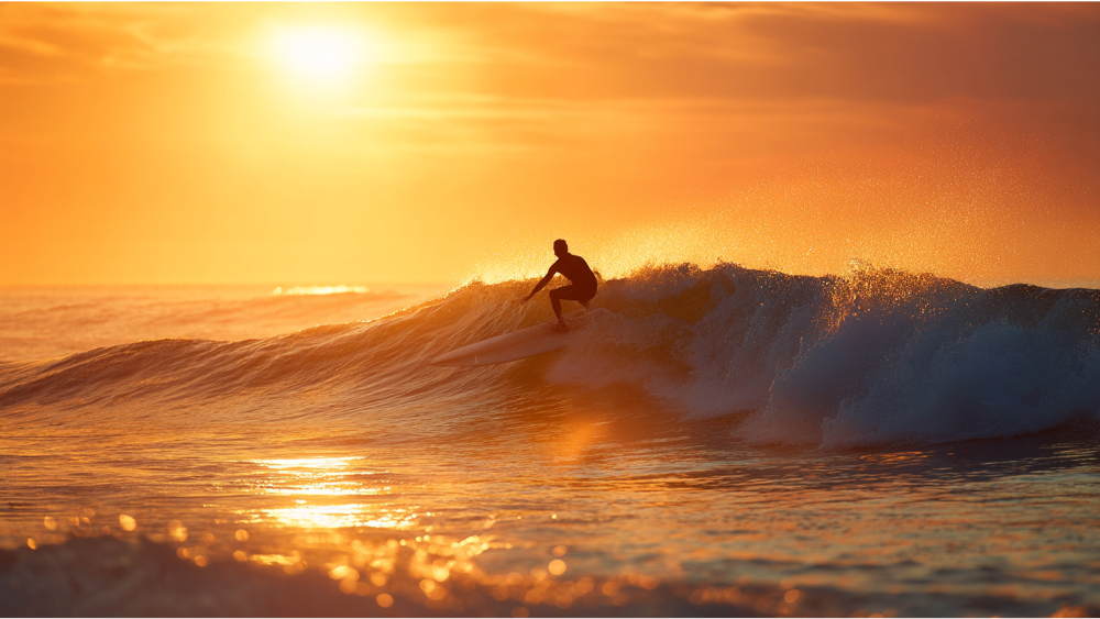 Silhouette of a surfer riding a wave during a vibrant golden sunset over the ocean.