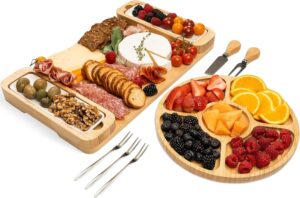 Charcuterie Board Gift Set – Bamboo Cheese Board & Serving Tray for Meat, Cheese, Crackers, Fruit – Large Wooden Charcuterie Boards for Parties – Wedding Gift, Housewarming, Gifts for Women & Couples