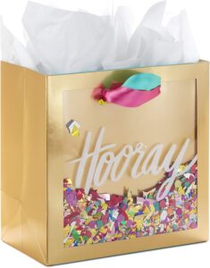 Hallmark Signature 7″ Medium Gift Bag with Tissue Paper (Hooray; Gold with Pink, Teal, Purple Confetti) for Bridal Showers, Graduations, Retirements and More