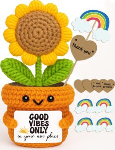 Crochet Sunflower Housewarming Gift – Good Vibes Only in Your New Place – Christmas Stocking Stuffer Positive Affirmation Plush for Friend, Coworker, Roommate, New Home or Office Decor