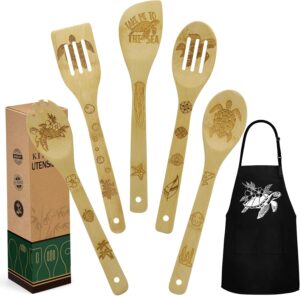 Sea Turtle Gifts for Women, Kitchen Decor Cooking Utensils Set include Unique Bamboo Cooking Spoons Apron, Personalized Christmas Mother’s Day Housewarming Gift Idea for Mom