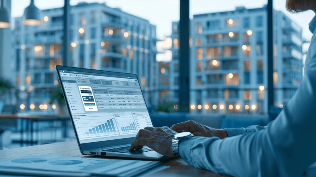 Property manager using online rent collection software to manage rent payments, ACH transfers, and tenant payment history.
